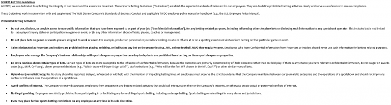 ESPN Implements Policy Restricting Employees from Wagering on Specific Markets and Games