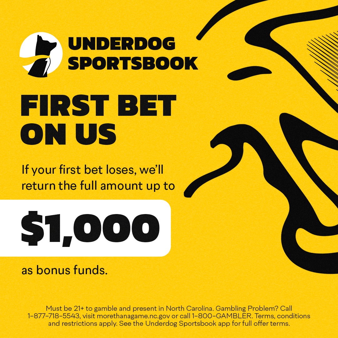 Underdog Sportsbook $1,000 First Bet on Underdog promo image yellow and black with logo