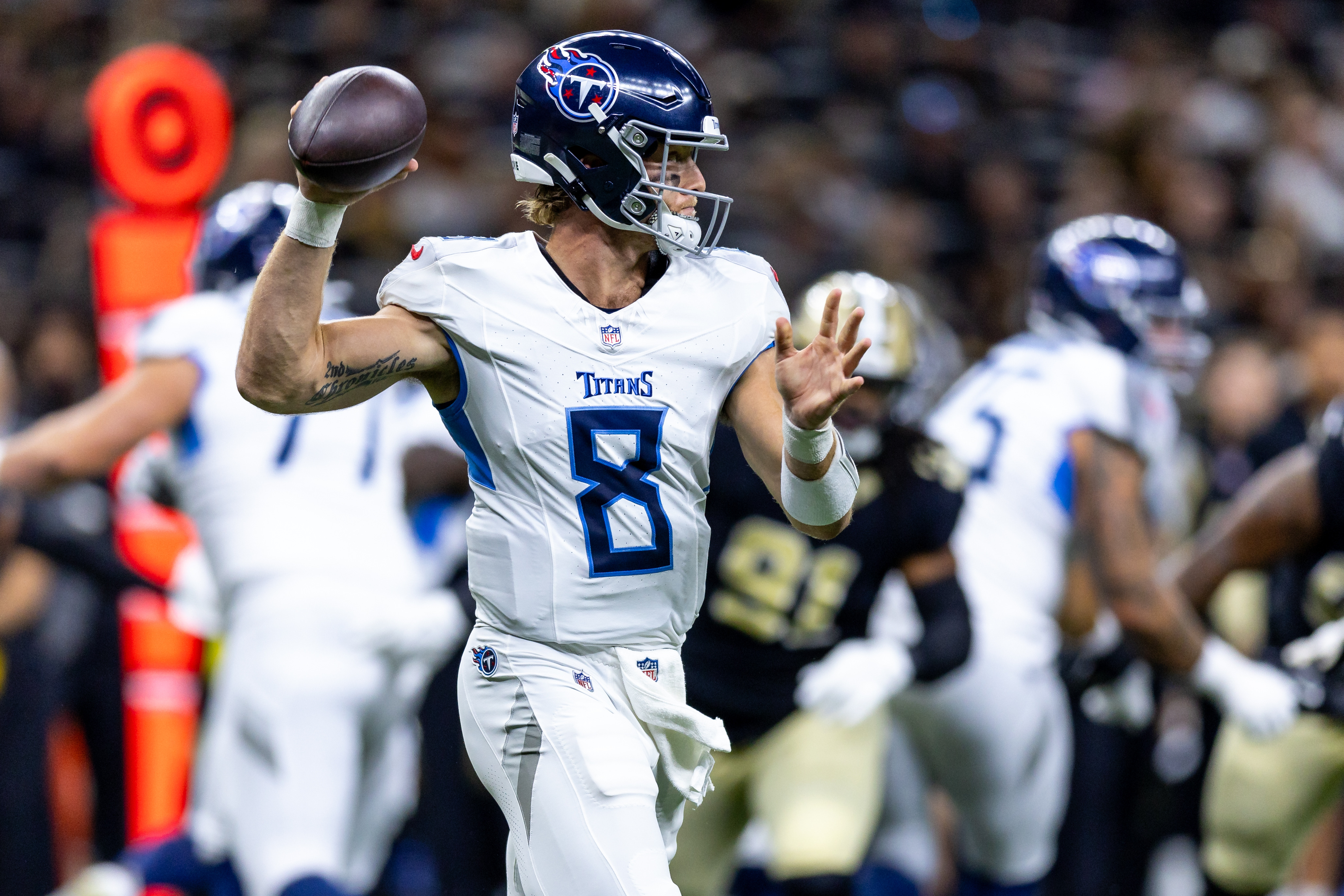 Will Levis throwing a pass against the Saints